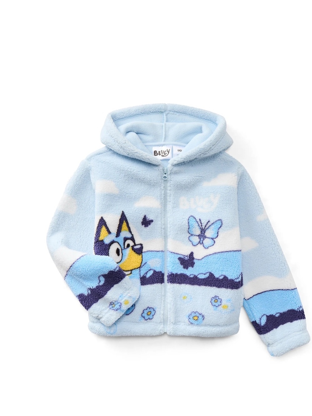 Blue Plush Hoodie Jacket with Puppy & Butterfly